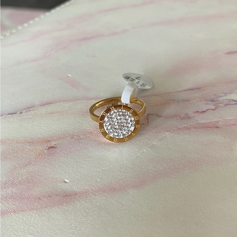 Gold diamond roman numeral ring designer copy size 7
